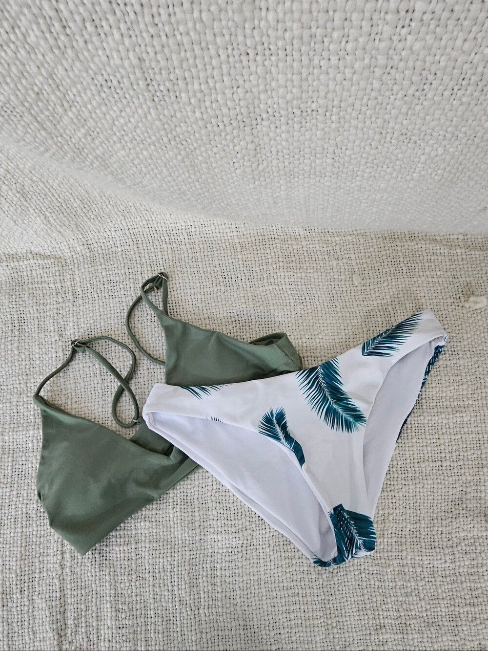 Olive Triangle Bikini Top with White Palm-Print Bottoms - Women Swim Size S